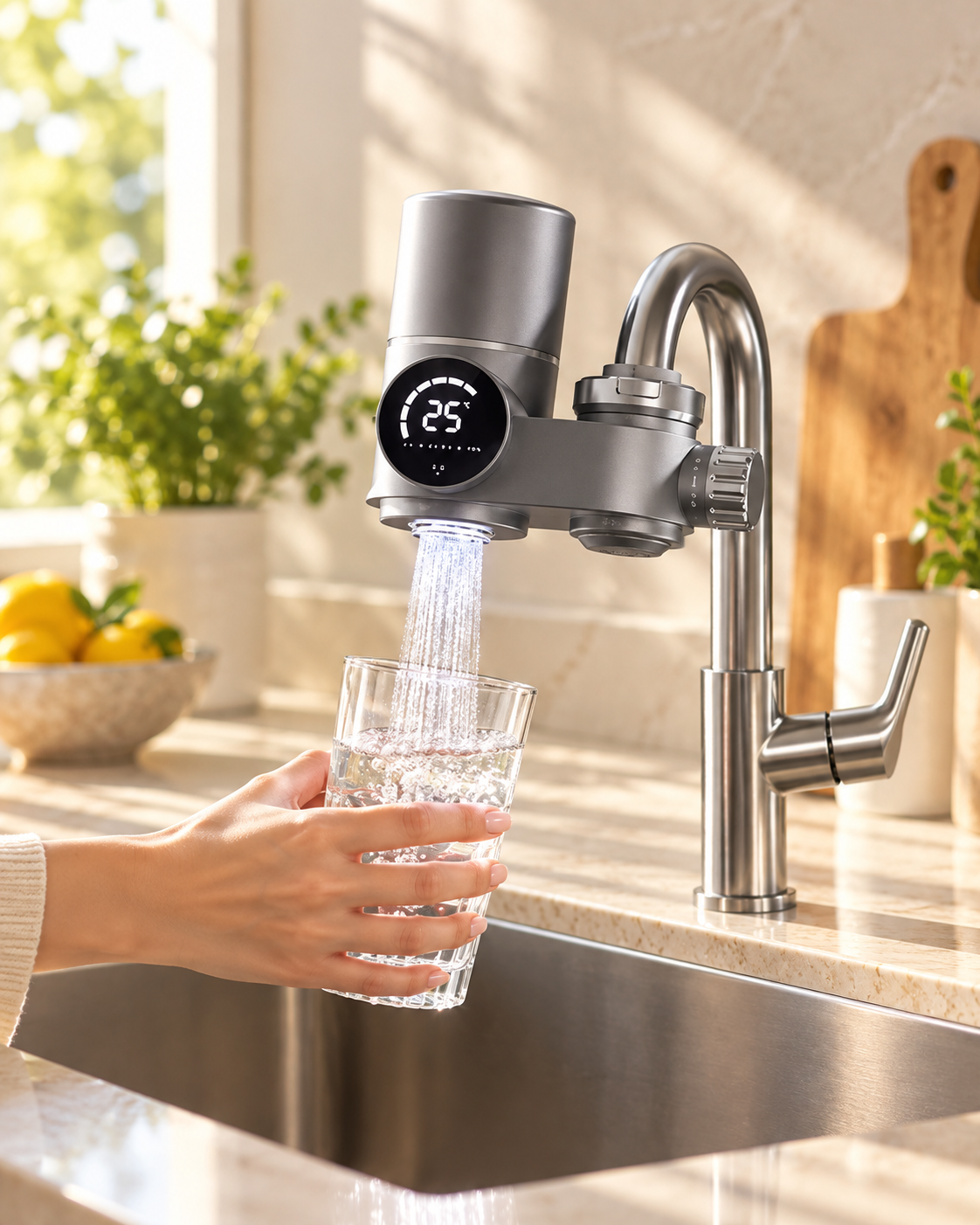 Velorian SmartView faucet filter filling a drinking glass