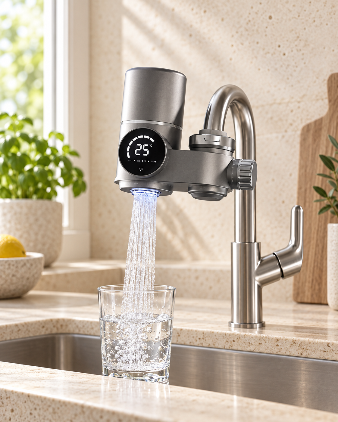 Velorian SmartView faucet water filter installed in a warm modern kitchen