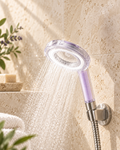 Velorian AromaPure lavender vitamin C fragrance filter shower head in a warm spa bathroom