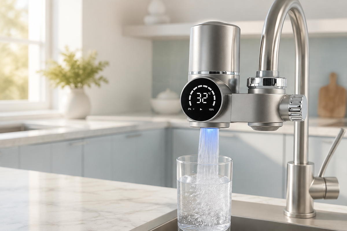 Lifestyle visualization of the smart faucet water filter in a bright modern kitchen