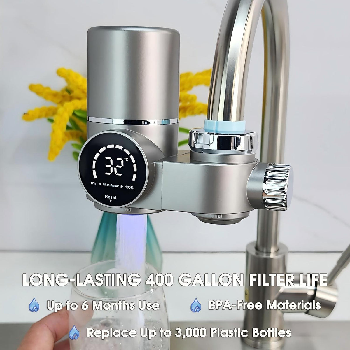 Smart digital-display faucet water filter installed on a kitchen tap