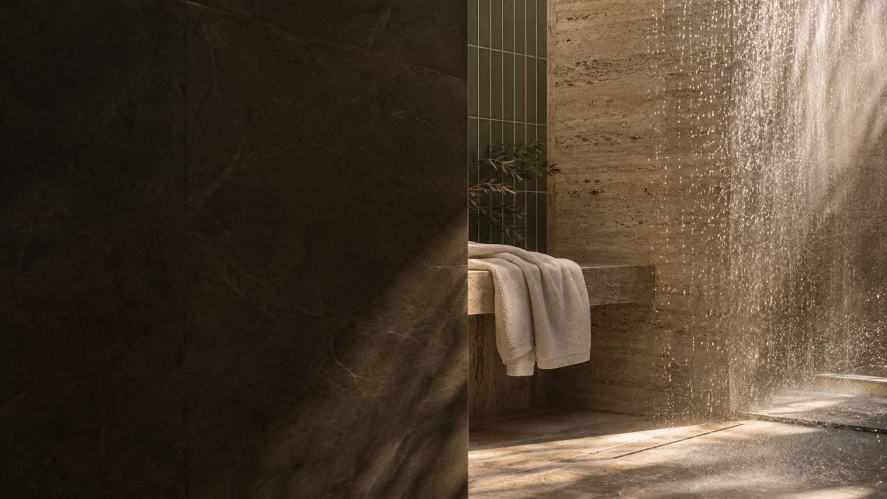 Sunlit shower water beside natural stone and muted green bathroom tiles